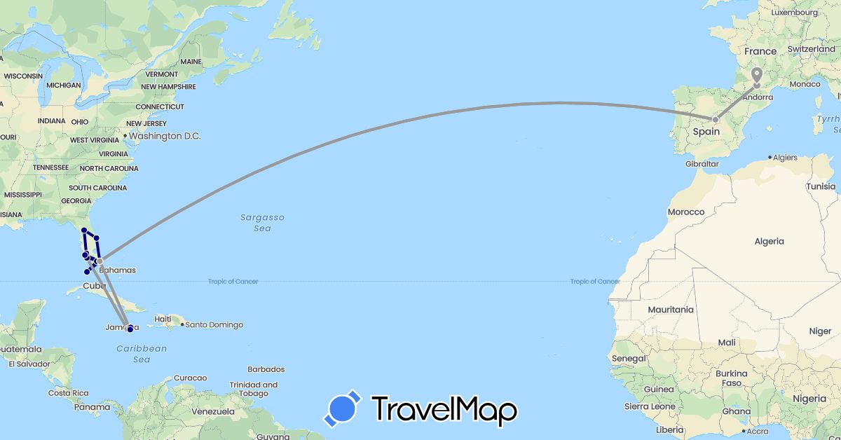 TravelMap itinerary: driving, plane in Spain, France, Jamaica, United States (Europe, North America)