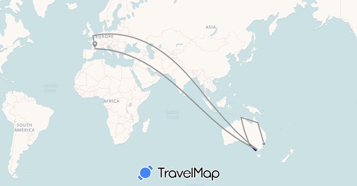 TravelMap itinerary: driving, plane in Australia, France, Malaysia (Asia, Europe, Oceania)